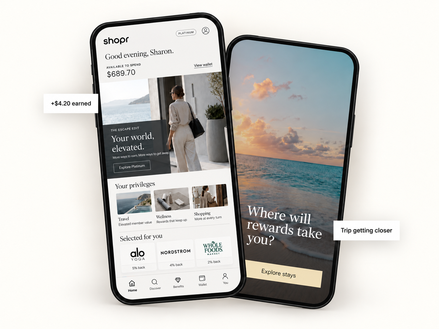 Shopr Platinum app and travel rewards experience displayed on two phones