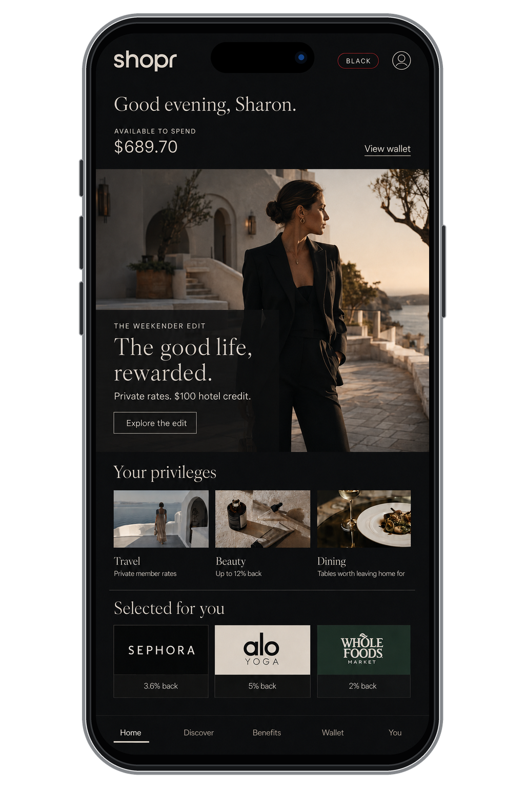 Illustrative Shopr Black app home screen showing premium lifestyle content and member offers