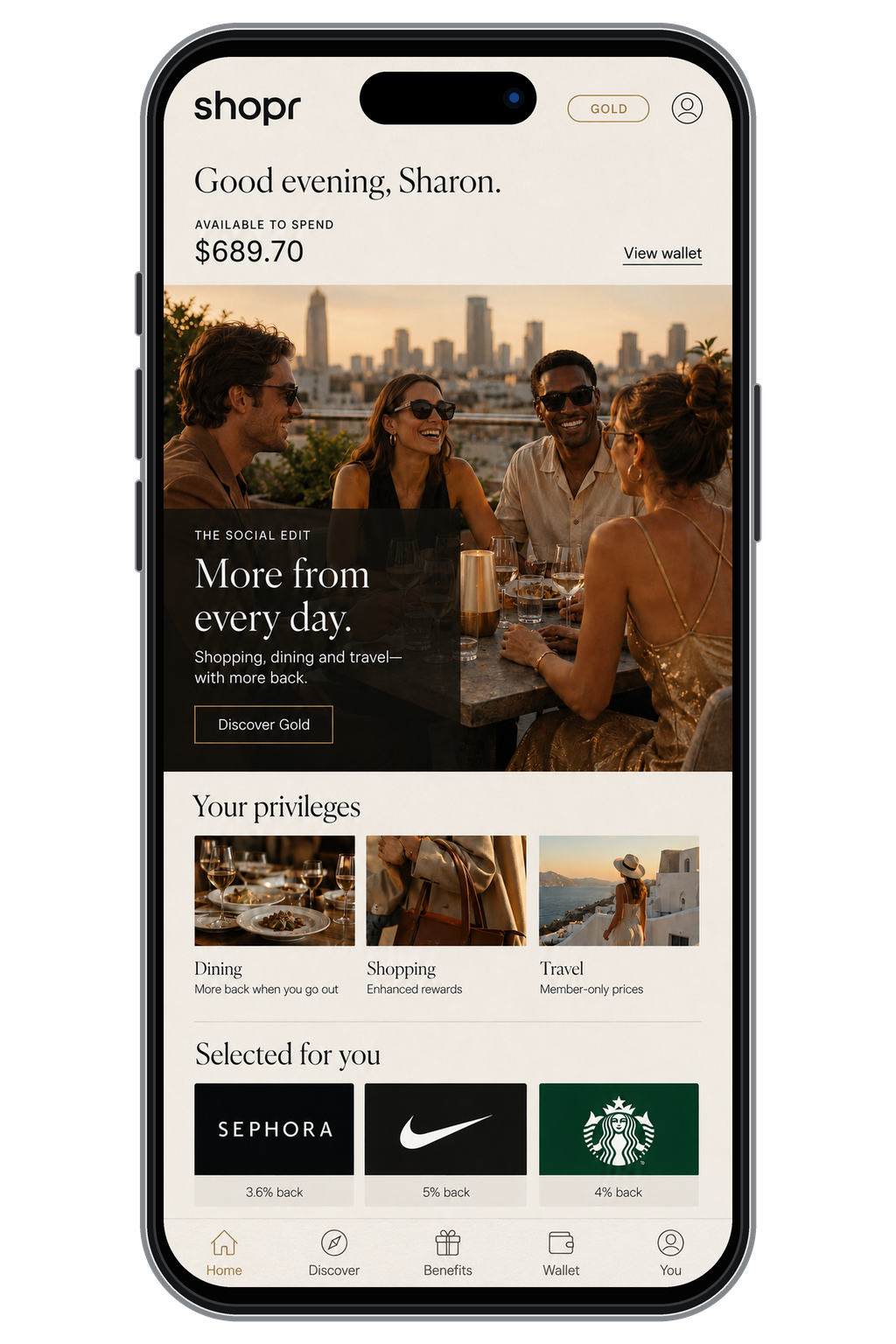 Illustrative Shopr Gold app home screen showing a wallet balance, lifestyle content and shopping offers
